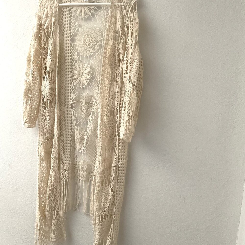 CATO CROCHET FLORAL  LACE FRINGE BOHO OPEN FRONT CARDIGAN - Picture 3 of 16